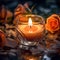 A lit candle sitting on top of a glass bowl