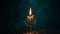 lit candle on the table in dark background, in the style of teal and bronze, hyperrealistic fantasy, arabesque