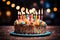 Lit candles adorn a colorful birthday cake on a wooden table