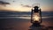 Lit lantern on the beach, Generative AI