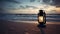 Lit lantern on the beach by sunset and storm, in the style of vintage-inspired, light black, Generative AI