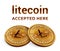 Litecoin. Accepted sign emblem. Crypto currency. Golden coins with Litecoin symbol isolated on white background. 3D isometric Phys
