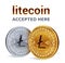 Litecoin. Accepted sign emblem. Crypto currency. Golden and silver coins with Litecoin symbol isolated on white background. 3D iso