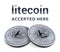 Litecoin. Accepted sign emblem. Crypto currency. Silver coins with Litecoin symbol isolated on white background. 3D isometric Phys