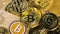 Litecoin and Bitcoin Metal Models Lay on Banknotes