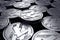 Litecoin coins LTC in blurry closeup. New cryptocurrency and modern banking concept.