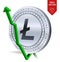 Litecoin. Growth. Green arrow up. Litecoin index rating go up on exchange market. Crypto currency. 3D isometric Physical Silver co