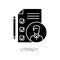 Literacy black glyph icon. Professional knowledge, executive search silhouette symbol on white space. Candidate CV, job