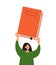Literacy, education, reading club vector illustration with smiling woman holding huge red book in hand