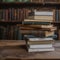 Literary composition stack of books over wooden table for education