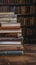 Literary composition stack of books over wooden table for education