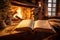 Literary warmth, Open storybook in a cozy chalet house by the fireplace