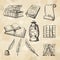 Literature concept pictures. Vintage hand drawings books and different tools for writers