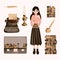 Literature hand drawn vector set. Inkwell, writing tools, pens, books, ancient manuscripts, typewriter, antique column