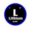 Lithium L button on black and white circle button background with blue outline on the periodic table of elements with atomic num