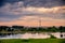 Lithuanian landscape of lake and tv tower visible