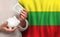 Lithuanian woman with money bank on the background of Lithuania flag. Dotations, pension fund, poverty, wealth, retirement concept