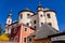 Litomysl, Czech Republic, 17 April 2022: Church of the Finding of the Holy Cross and Piarist dormitory near castle, baroque