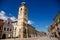 Litomysl, Czech Republic, 17 April 2022: old city or town hall with tower on main Smetana Square at sunny summer day, colorful