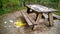 Litter left by picnickers at a park bench