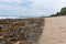 Litter washed up on the beach creating a long line of plastic bottles and other trash.