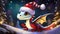 little adorable dragon in santa hat in winter forest