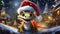 little adorable dragon in santa hat in winter forest