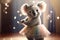 Little adorable koala princess dancing in her beautiful dress on a party. Generative AI