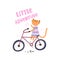 Little adventure. cartoon cat on bicycle, hand drawing lettering, decor elements. colorful vector illustration for kids, flat styl