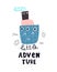 Little adventure. cartoon ship, hand drawing lettering, decor elements. flat style, colorful vector for kids.