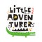 Little adventurer. cartoon crocodile, hand drawing lettering, decor elements. colorful vector, for kids, flat style.