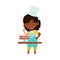 Little African American Girl Character in Hat and Apron Standing at Kitchen Table and Decorating Cake Vector