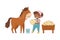 Little African American Girl in Overall Feeding Horse with Hay Rested in Wooden Crate Vector Illustration.