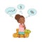 Little African American Girl with Pile of Money Behind Doing Mental Arithmetic Vector Illustration