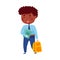 Little African American Schoolboy in Blue Uniform Holding Book and Backpack Vector Illustration
