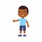 Little African boy showing thumb down gesture. Upset dark skin child standing alone cartoon character.