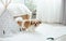 little alone dog or pet standing in cozy, comfortable living room at home or apartment. Animal, Care Concept