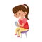 Little Angry Girl Sitting and Holding Smartphone Vector Illustration