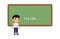 Little asian boy cannot solve the difficult example on the school board. Sad schoolboy flat vector illustration.