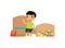 Little asian boy in clean bedroom flat vector illustration. Cute kid sitting on bed in tidy room cartoon character