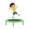 Little asian boy jumping on trampoline flat vector illustration.