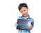 Little asian boy smiles with tablet computer on white background