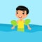 Little asian boy swimming with inflatable sleeves flat vector illustration.