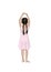 Little Asian child girl ballerina in pink leotard isolated on Cyan background. Kid practise her dance. Children ballet dancer rear