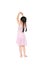 Little Asian child girl ballerina in pink leotard isolated on Cyan background. Kid practise her dance. Children ballet dancer rear