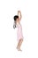 Little Asian child girl ballerina in pink tutu skirt isolated on white background. Kid practise her dance. Children ballet dancer