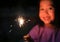 Little Asian child girl enjoy playing firecrackers. Focus at fire sparklers