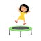 Little asian girl jumping on trampoline flat vector illustration. Happy sportive child having fun, playing.