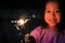 Little Asian girl playing fire sparklers in the dark