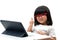 Little Asian Preschooler girl wearing red glasses and using tablet pc on white background and thumbs up, Asian girl learning with